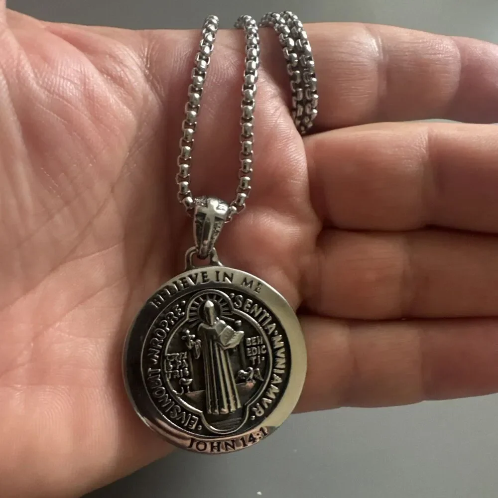 Saint Benedict Plated Pendant 24” Chain Stainless Steel Jesus Christ Silver